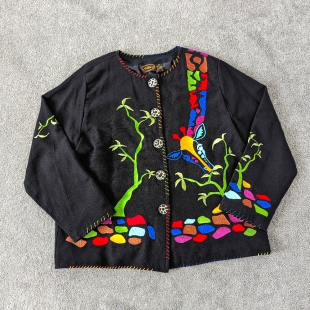 Vintage Allure Black Giraffe Theme Embroidered Jacket Art To Wear Size Large